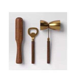 Threshold 3 Piece Metal & Wood Barware Tool Set Opener Jiggers & Muddler
